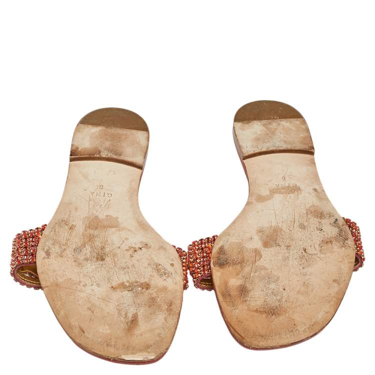 Pre Owned Gina Red Leather Crystal Embellished Slide Flats Size 41