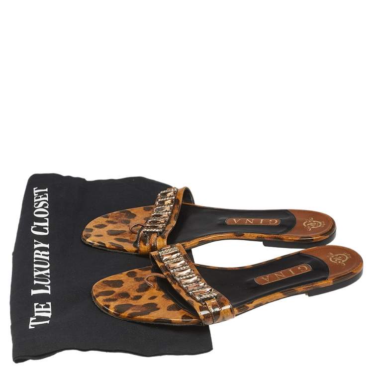 Pre Owned Gina Brown/Black Leopard Print Patent Leather Crystal Embellished Slip On Flat Slides Size 41