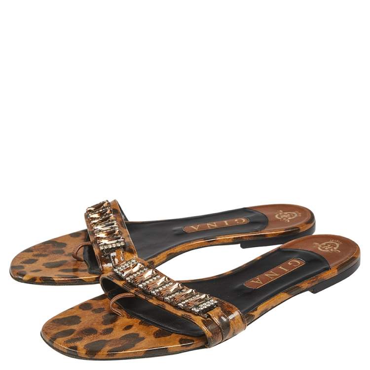 Pre Owned Gina Brown/Black Leopard Print Patent Leather Crystal Embellished Slip On Flat Slides Size 41
