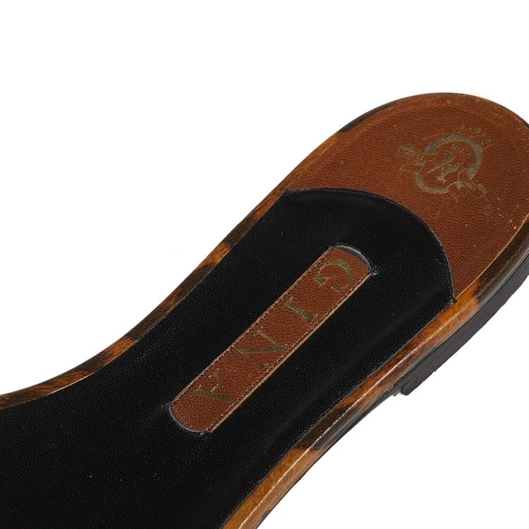 Pre Owned Gina Brown/Black Leopard Print Patent Leather Crystal Embellished Slip On Flat Slides Size 41