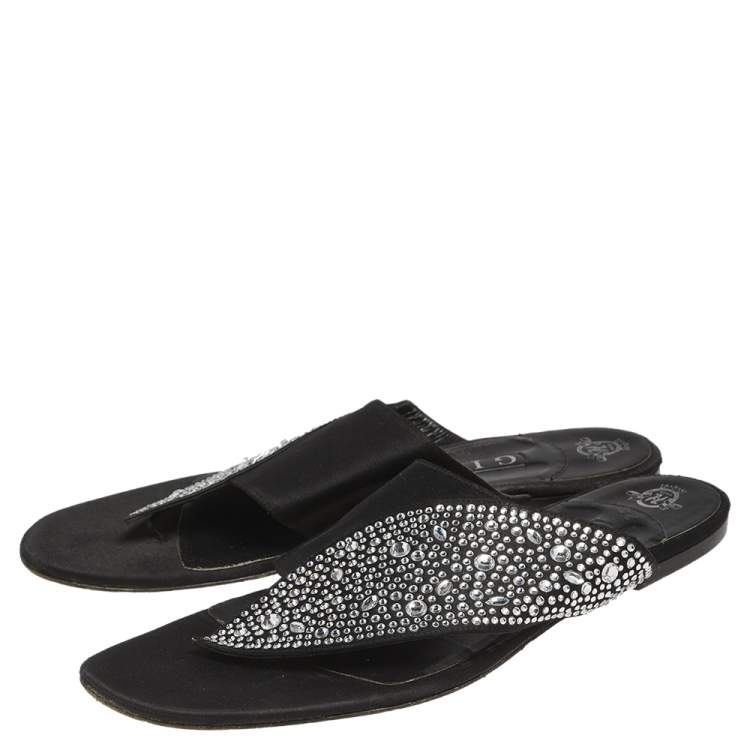 Pre Owned Gina Black Satin Studded  Flat Sandals Size 41.5