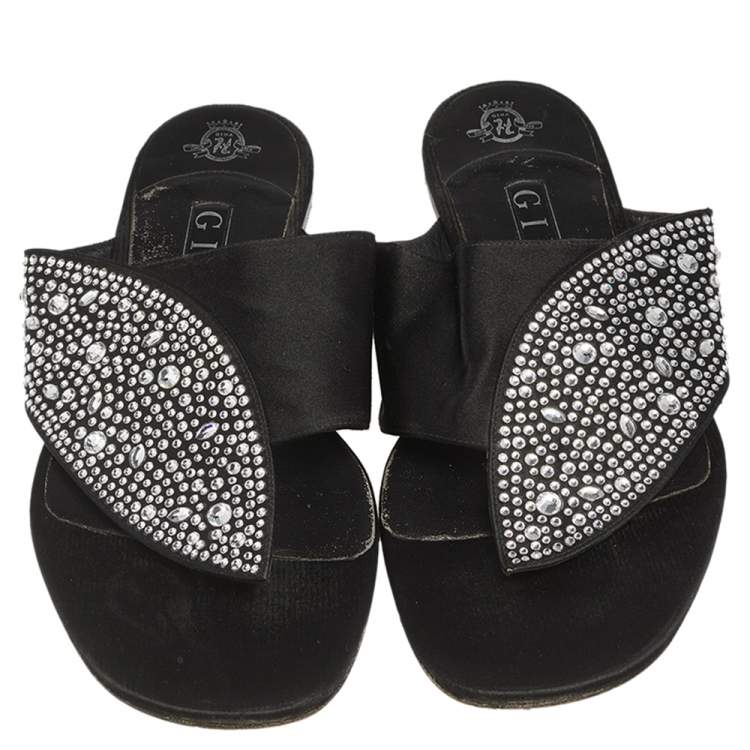 Pre Owned Gina Black Satin Studded  Flat Sandals Size 41.5