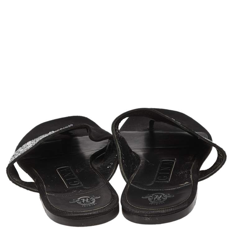 Pre Owned Gina Black Satin Studded  Flat Sandals Size 41.5