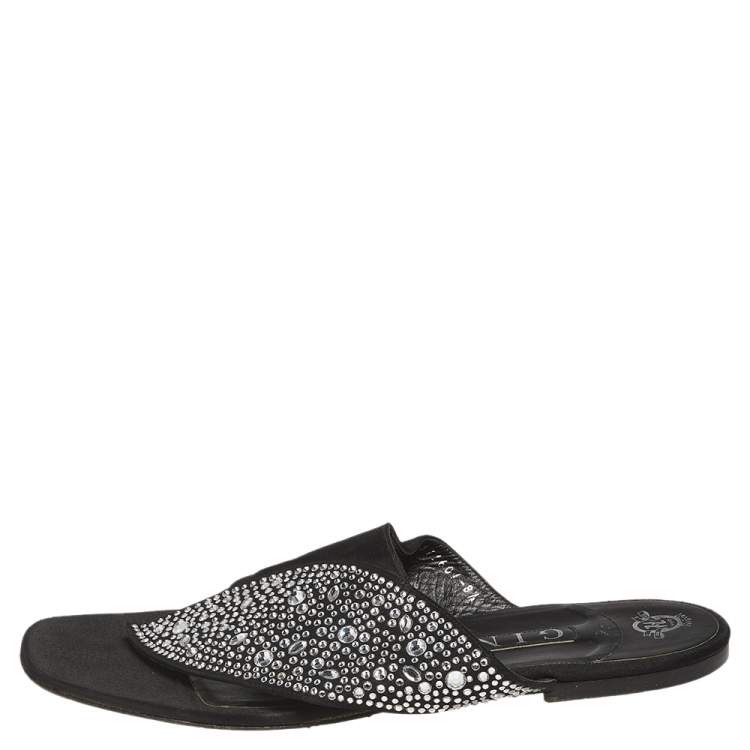 Pre Owned Gina Black Satin Studded  Flat Sandals Size 41.5