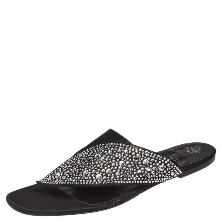 Pre Owned Gina Black Satin Studded  Flat Sandals Size 41.5