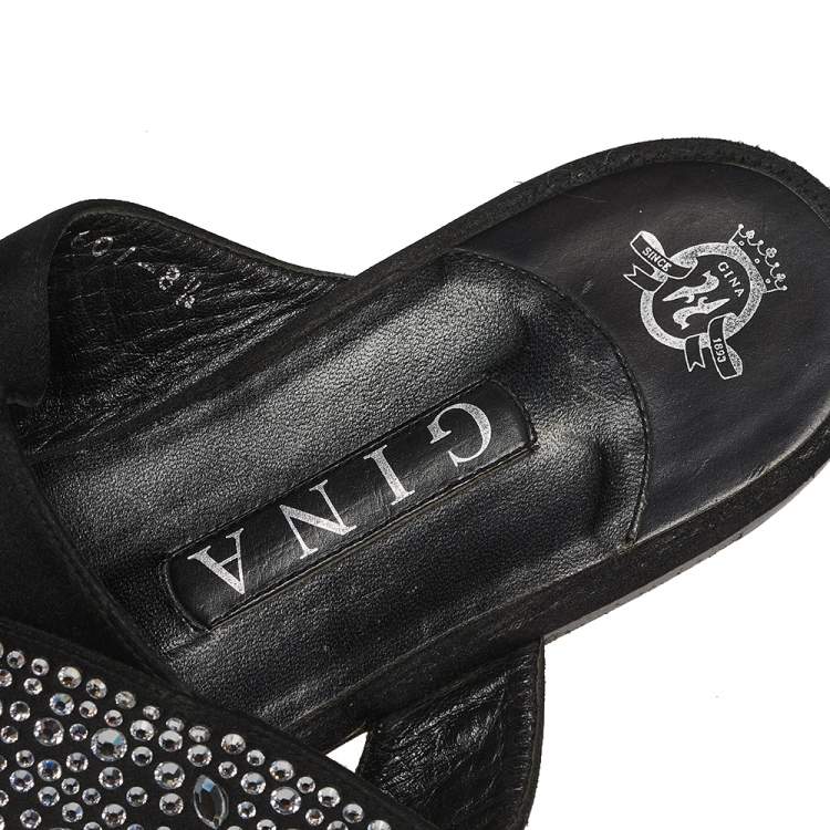 Pre Owned Gina Black Satin Studded  Flat Sandals Size 41.5
