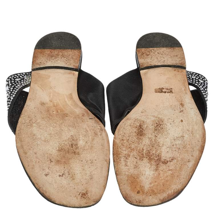 Pre Owned Gina Black Satin Studded  Flat Sandals Size 41.5