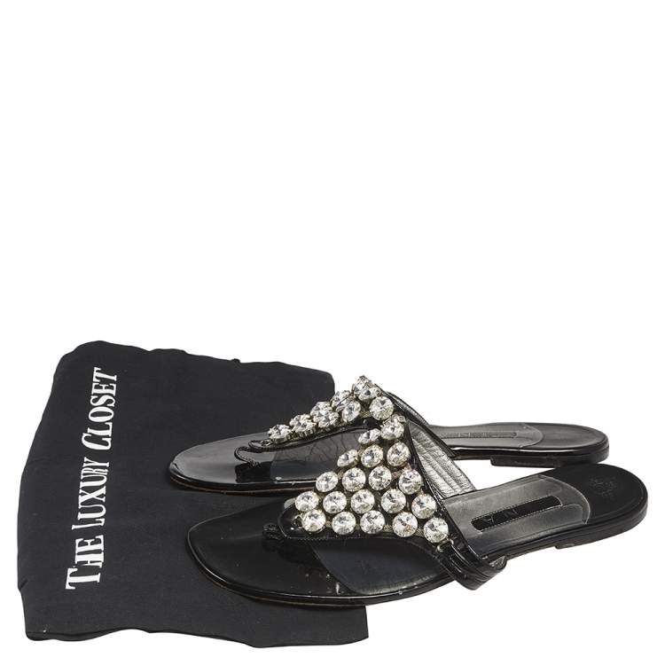 Pre Owned Gina Black Patent Leather Crystal Embellished Thong Flat Sandals Size 42