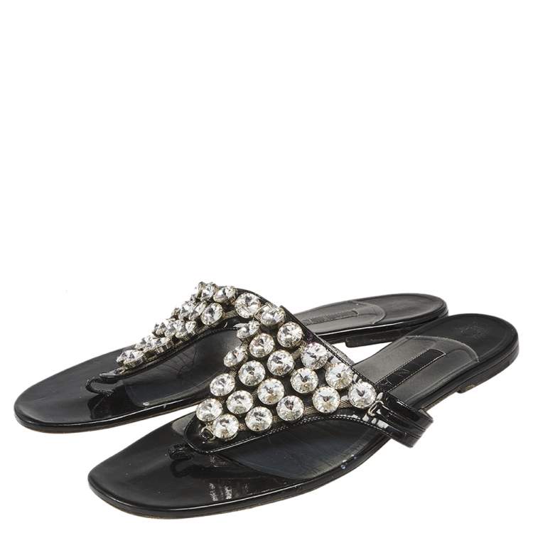Pre Owned Gina Black Patent Leather Crystal Embellished Thong Flat Sandals Size 42