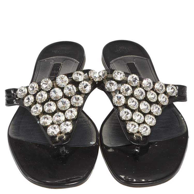 Pre Owned Gina Black Patent Leather Crystal Embellished Thong Flat Sandals Size 42