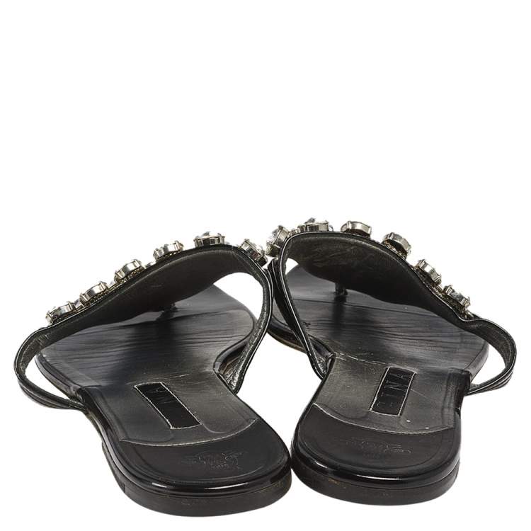 Pre Owned Gina Black Patent Leather Crystal Embellished Thong Flat Sandals Size 42