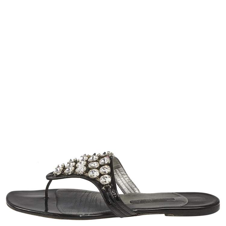 Pre Owned Gina Black Patent Leather Crystal Embellished Thong Flat Sandals Size 42