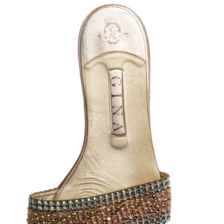 Pre Owned Gina Pink/Green Crystal Embellished Leather Athena Slide Flats Size 41