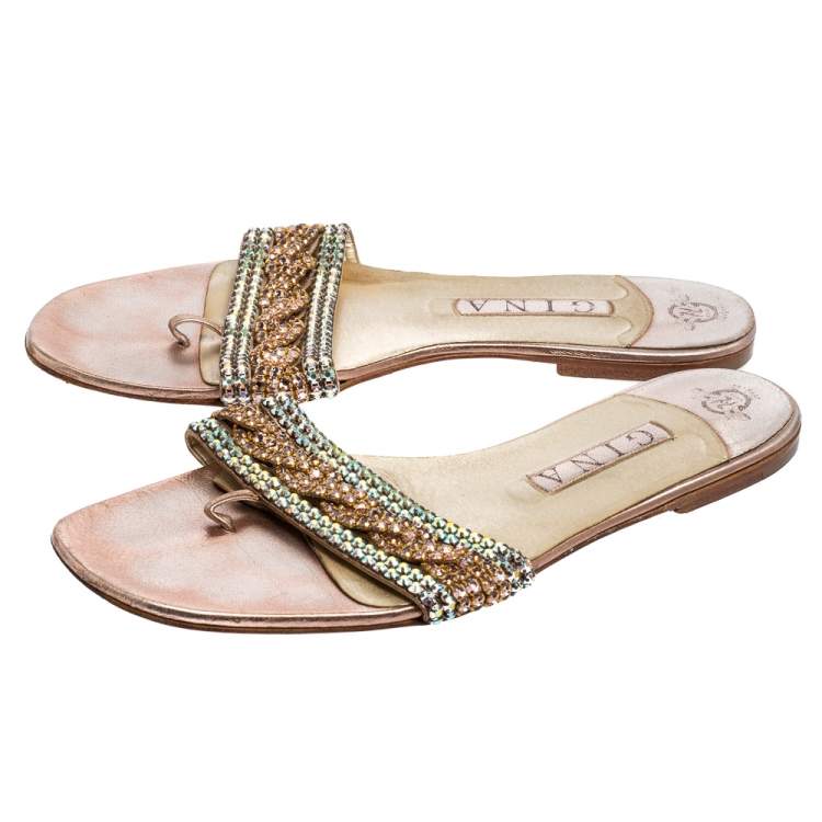 Pre Owned Gina Pink/Green Crystal Embellished Leather Athena Slide Flats Size 41