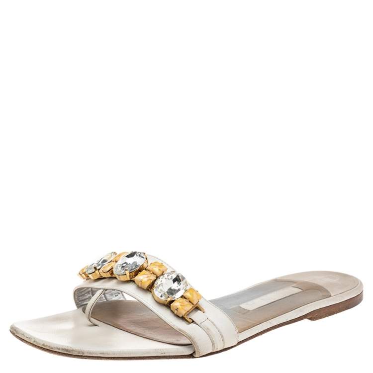 Pre Owned Gina White Leather And Crystal Embellished Flat Slides Size 41.5