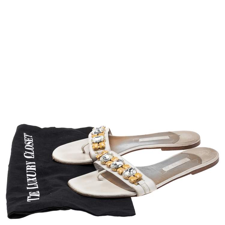 Pre Owned Gina White Leather And Crystal Embellished Flat Slides Size 41.5