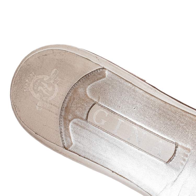Pre Owned Gina White Leather And Crystal Embellished Flat Slides Size 41.5