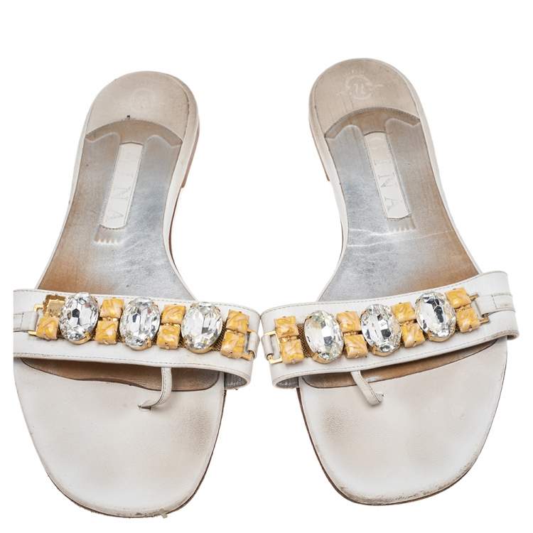 Pre Owned Gina White Leather And Crystal Embellished Flat Slides Size 41.5