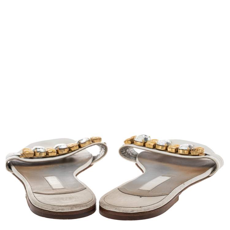 Pre Owned Gina White Leather And Crystal Embellished Flat Slides Size 41.5