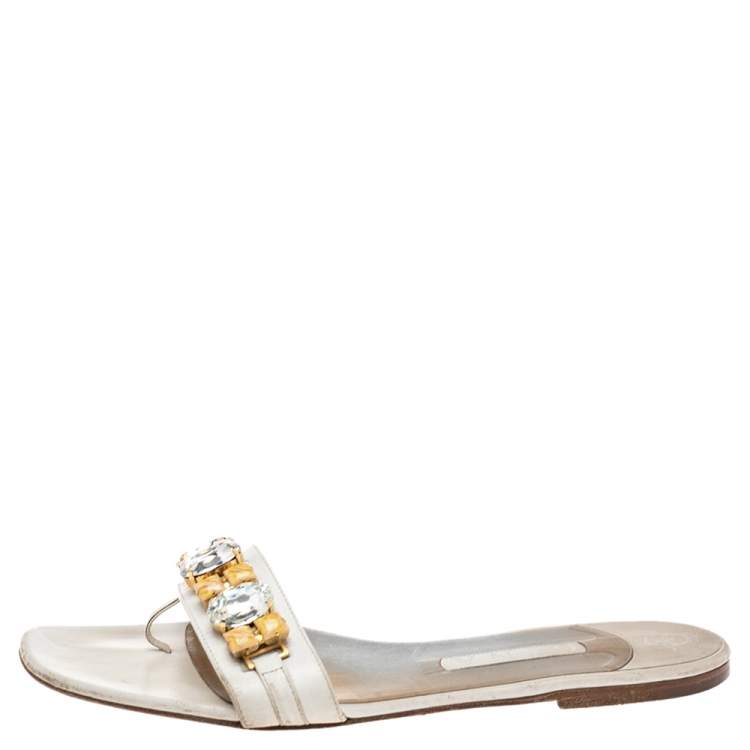 Pre Owned Gina White Leather And Crystal Embellished Flat Slides Size 41.5