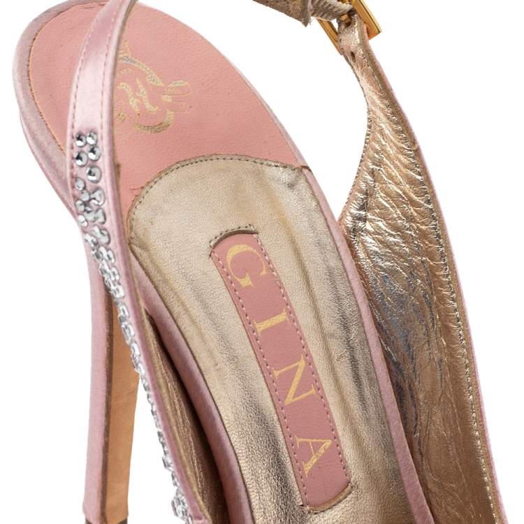 Pre Owned Gina Pink Satin Jewel Embellished Slingback Open Toe Platform Sandals Size 38.5