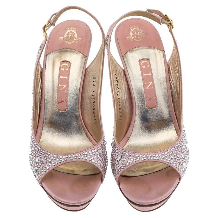 Pre Owned Gina Pink Satin Jewel Embellished Slingback Open Toe Platform Sandals Size 38.5