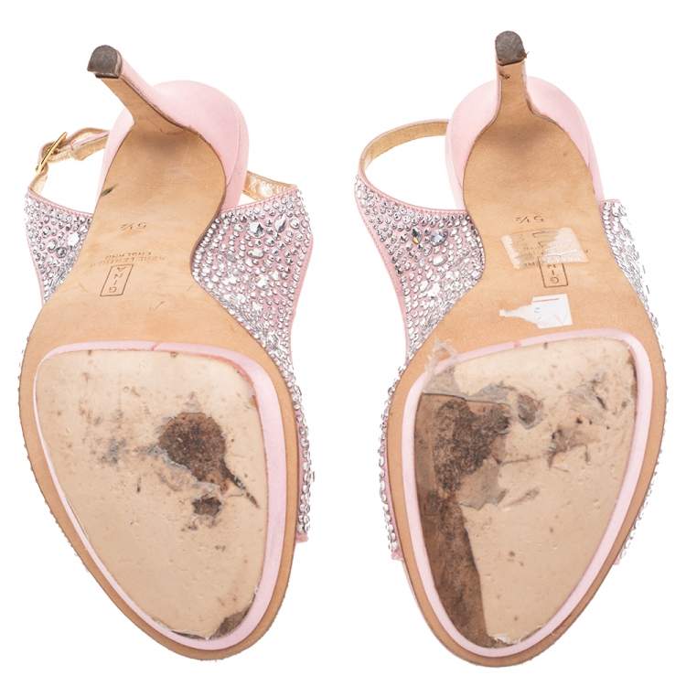 Pre Owned Gina Pink Satin Jewel Embellished Slingback Open Toe Platform Sandals Size 38.5