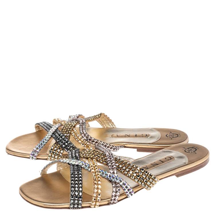 Pre Owned Gina Multicolor Leather Embellished Thong Flat Sandals Size 41