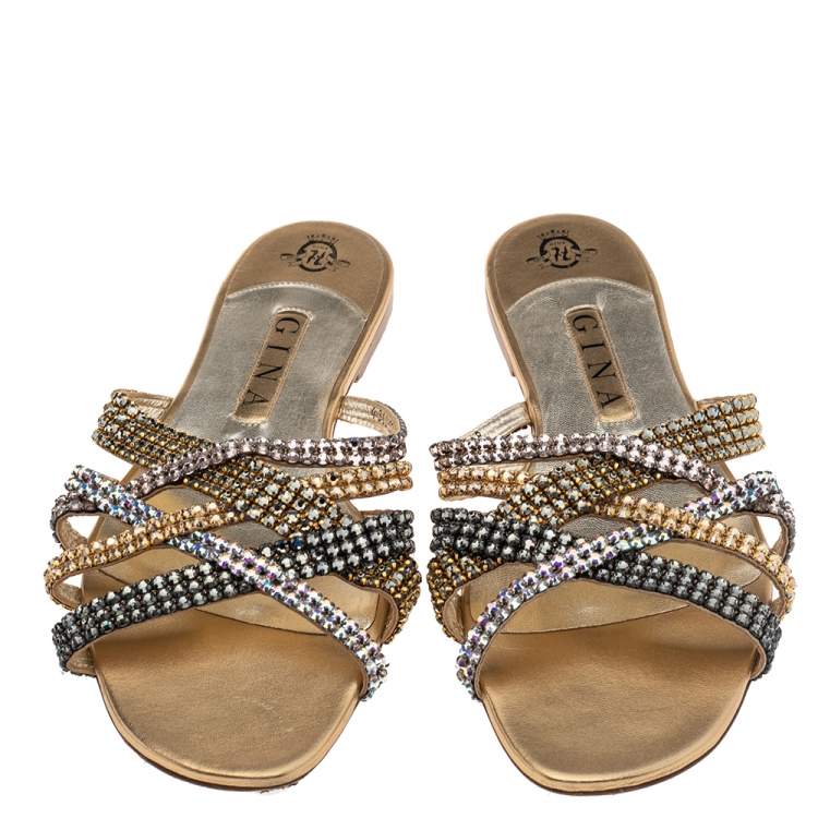 Pre Owned Gina Multicolor Leather Embellished Thong Flat Sandals Size 41