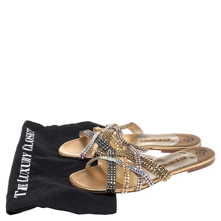 Pre Owned Gina Multicolor Leather Embellished Thong Flat Sandals Size 41