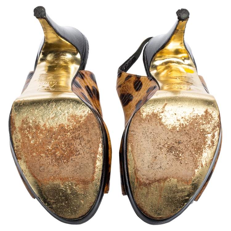 Pre Owned Gina Brown/Black Leopard Print Patent Leather Peep Toe Platform Slingback Sandals Size 39