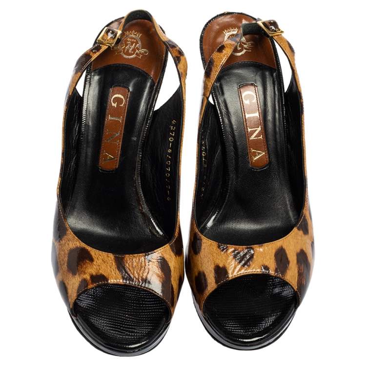 Pre Owned Gina Brown/Black Leopard Print Patent Leather Peep Toe Platform Slingback Sandals Size 39