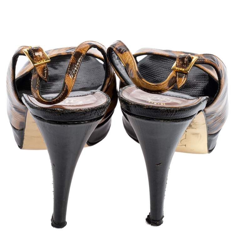 Pre Owned Gina Brown/Black Leopard Print Patent Leather Peep Toe Platform Slingback Sandals Size 39