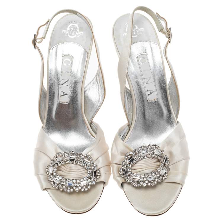 Pre Owned Gina White Satin Crystal Embellished Peep Toe Slingback Sandals Size 40