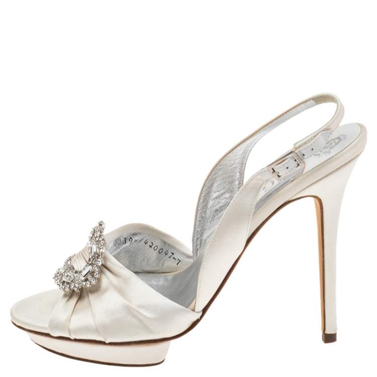 Pre Owned Gina White Satin Crystal Embellished Peep Toe Slingback Sandals Size 40