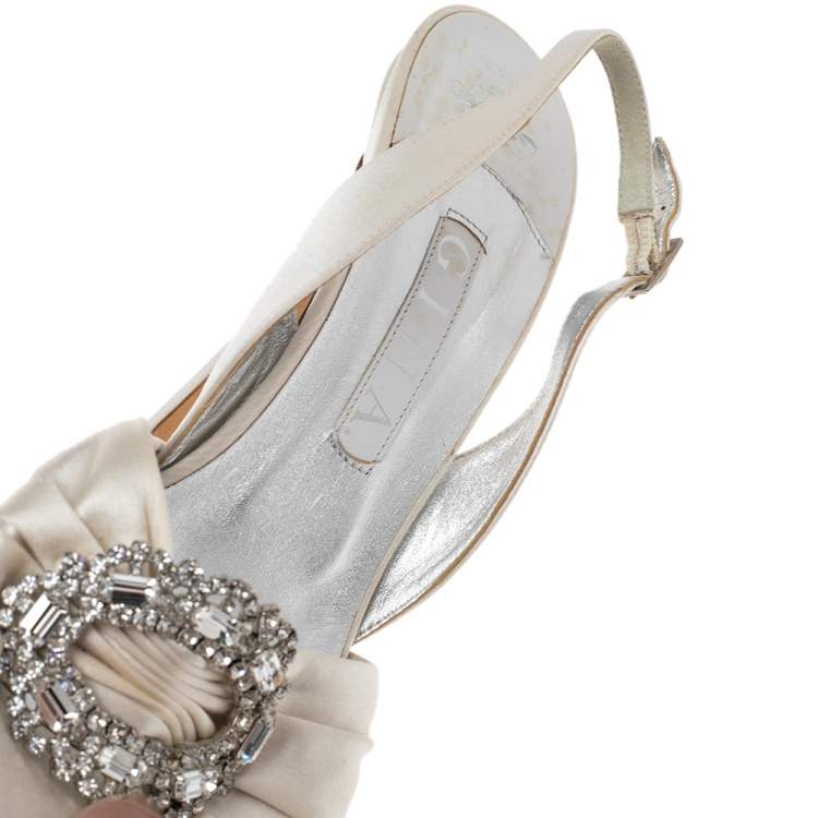 Pre Owned Gina White Satin Crystal Embellished Peep Toe Slingback Sandals Size 40