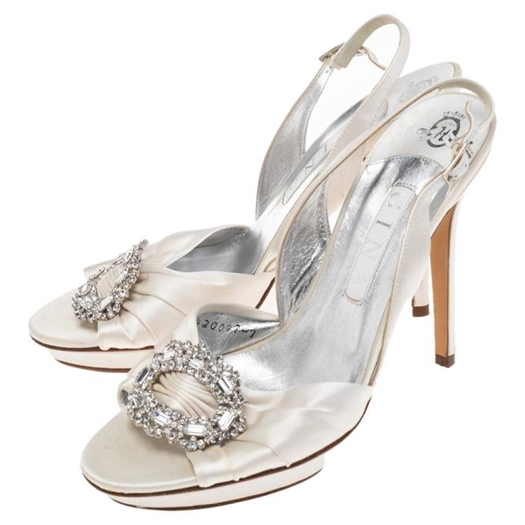 Pre Owned Gina White Satin Crystal Embellished Peep Toe Slingback Sandals Size 40