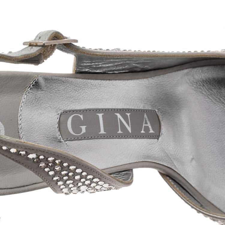 Pre Owned Gina Sliver Satin Crystal Embellished Frances Sandals Size 36.5