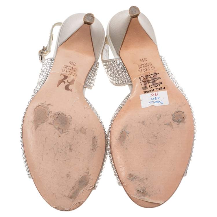 Pre Owned Gina Sliver Satin Crystal Embellished Frances Sandals Size 36.5