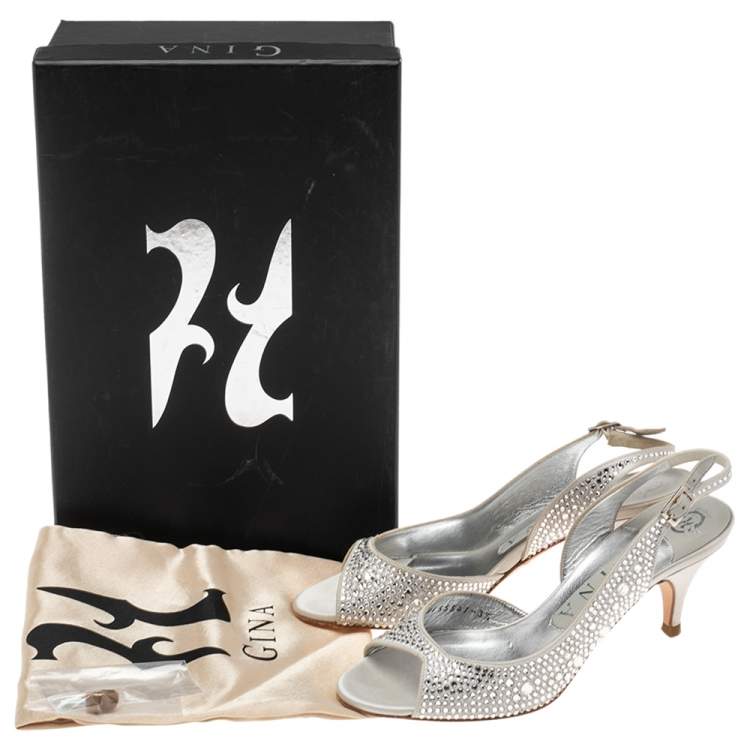 Pre Owned Gina Sliver Satin Crystal Embellished Frances Sandals Size 36.5