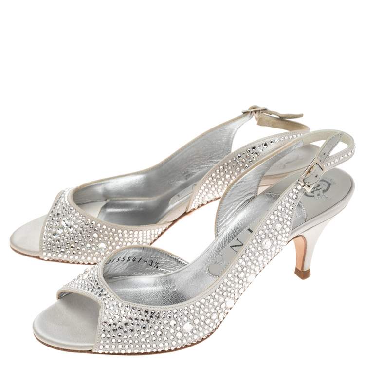 Pre Owned Gina Sliver Satin Crystal Embellished Frances Sandals Size 36.5