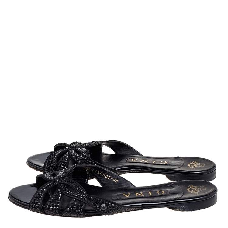 Pre Owned Gina Black Leather Crystal Embellished Flat Slides Size 37.5