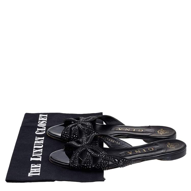 Pre Owned Gina Black Leather Crystal Embellished Flat Slides Size 37.5