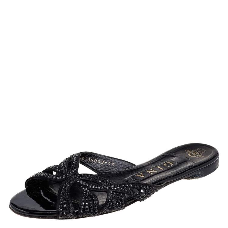 Pre Owned Gina Black Leather Crystal Embellished Flat Slides Size 37.5