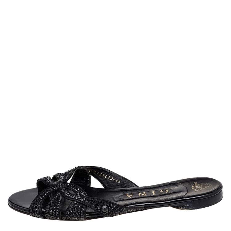 Pre Owned Gina Black Leather Crystal Embellished Flat Slides Size 37.5