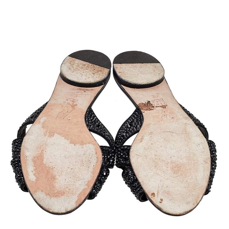 Pre Owned Gina Black Leather Crystal Embellished Flat Slides Size 37.5