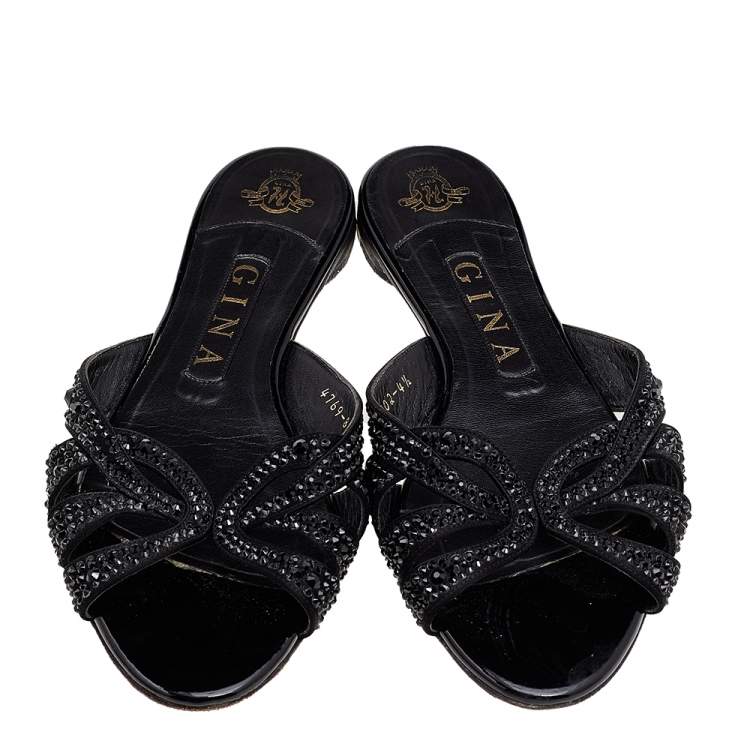 Pre Owned Gina Black Leather Crystal Embellished Flat Slides Size 37.5