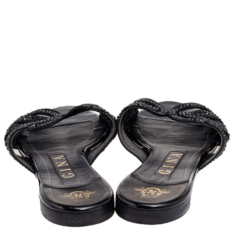 Pre Owned Gina Black Leather Crystal Embellished Flat Slides Size 37.5
