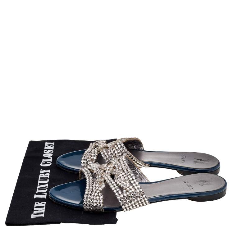 Pre Owned Gina Blue Leather Crystal Embellished Slide Sandals Size 41