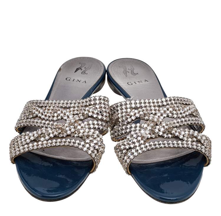 Pre Owned Gina Blue Leather Crystal Embellished Slide Sandals Size 41